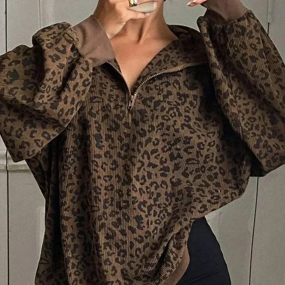 Brown Casual Women's Zip Up Front Long Sleeve Leopard Print Sweatshirt - Picture 2 of 6